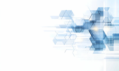 Fototapeta premium Abstract geometric background with blue hexagonal shapes and white space, ideal for technology, innovation, and futuristic concepts.