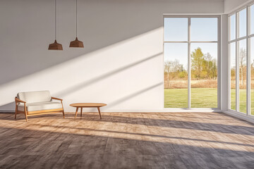 Bright and airy living room with modern furniture and large windows overlooking nature