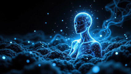 Naklejka premium Futuristic AI persona with glowing embers surrounding her form, representing an advanced virtual or artificial intelligence entity.