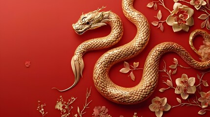 Obraz premium Ornate Golden Chinese Zodiac Snake Design with Floral Accents on Red Background