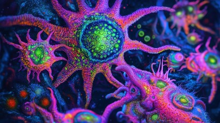 Close-up of a germ cluster in vibrant neon, [germ, microbiology, digital art], [psychedelic, hyper-detailed, glowing colors]