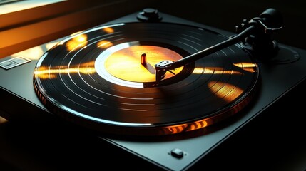 The warm glow of golden hour casts a nostalgic ambiance, as a turntable arm gracefully creates a shadow over a collection of vinyl records