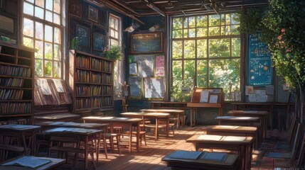 Fototapeta premium Bright classroom filled with books and sunlight in a serene learning environment