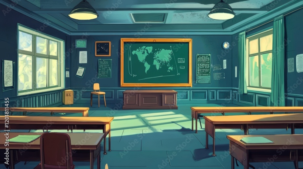 Poster bright classroom with a chalkboard and sunlight reflecting on empty desks in a peaceful setting