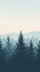 Fototapeta premium Serene Forest Landscape at Dusk with Soft Mist and Layered Pine Trees Under a Light Blue Sky