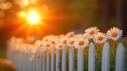 Daisies blooming at sunset along a white picket fence.