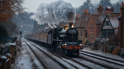 Steam train journey, snowy village, winter travel, nostalgic scene