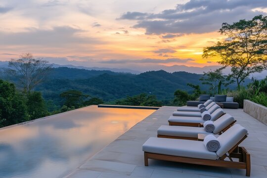 Serene rooftop lounge with infinity pool and breathtaking mountain views