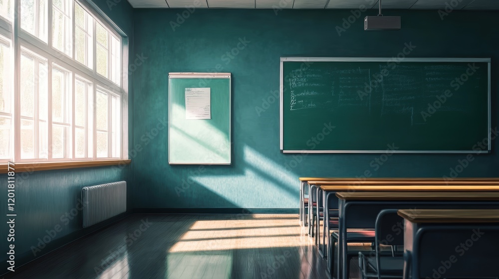 Poster Brightly lit classroom with empty desks and a chalkboard in the afternoon light