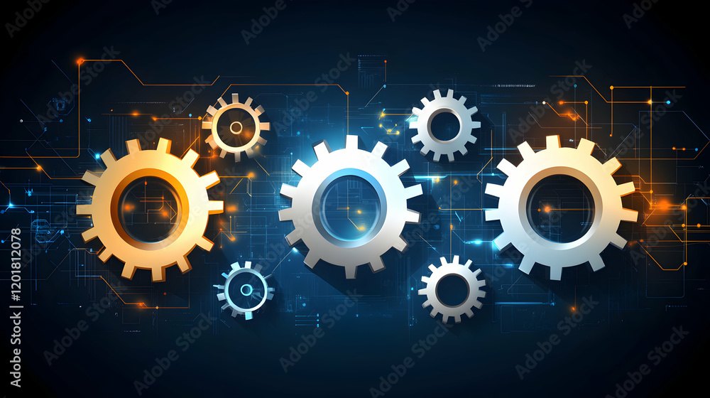 Poster interlocking gears on a technological background, symbolizing teamwork, collaboration, and efficient
