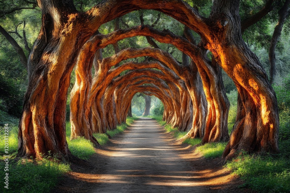 Poster sunlit path through a tunnel of majestic trees in a lush forest