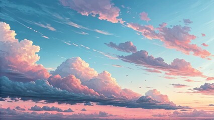 A Serene Panorama of Pastel Clouds at Sunset, Painted in Soft Hues of Pink and Blue