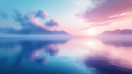 Soothing light blue and lavender hues blend beautifully over serene water at sunset, creating a tranquil atmosphere with majestic mountains in the backdrop