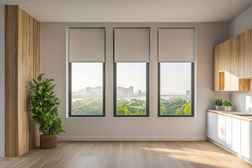 Modern interior design featuring large windows with a view of the city skyline