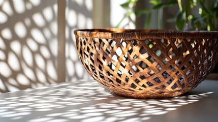 Fototapeta premium The woven basket casts intricate textures and captivating shadows, creating a beautiful interplay of light that transforms the sunlit room into a mesmerizing space