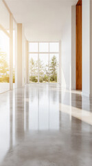Bright modern interior space with large windows and polished concrete floor