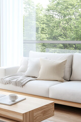 Modern living room with natural light and minimalist decor in a serene setting