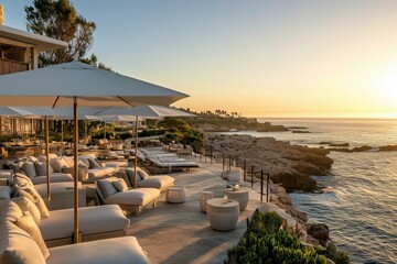 Luxury seaside hotel at sunset, golden light and elegant details