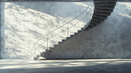Fototapeta premium A stunning spiral staircase takes center stage in a minimalist environment, enhanced by beautifully textured walls and gentle, natural lighting streaming in during the day