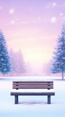 Obraz premium Serene Snowy Bench Surrounded by Winter Trees Under a Soft Pink and Purple Sky at Dusk