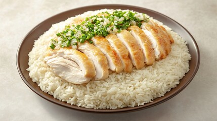 Serving of Hainanese chicken rice poached chicken slice fragrant rice arranged symmetrically clean...