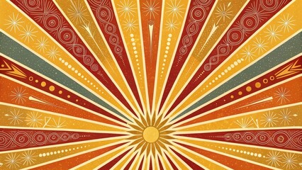Retro Sunburst Design with Warm Tones and Symbolic Elements