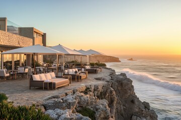 Luxury seaside hotel with panoramic terrace and elegant lounge areas