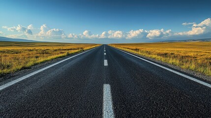 Naklejka premium A vast highway extends endlessly towards the horizon, framed by picturesque rolling hills and illuminated by a bright blue sky on a sunny day