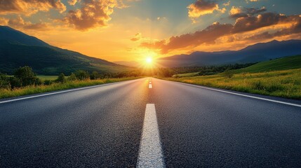 Fototapeta premium Scenic highway stretches into the horizon under a vibrant sunset with mountains in the background offering a tranquil view of nature