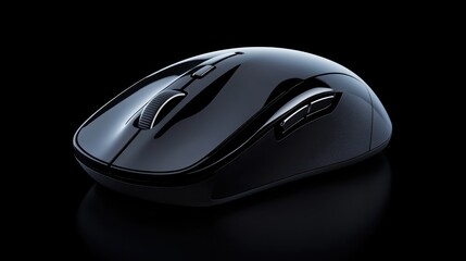 Sleek black wireless mouse resting on a solid bright black surface, showcasing modern design and ergonomic features, perfect for both work and gaming environments