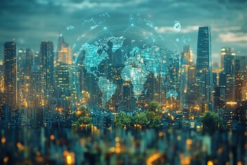 Naklejka premium Global network connection over cityscape at night.