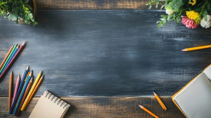 Colorful stationery arranged around a blank chalkboard on a rustic wooden table