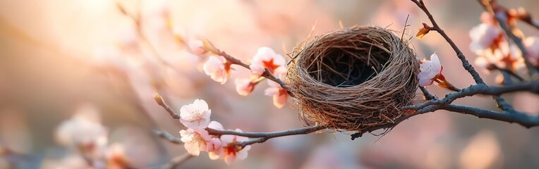 A delicate bird's nest resting among blooming cherry blossoms, representing spring's renewal and nature's tranquility. Ideal for seasonal campaigns, eco-themed designs, or wildlife projects.