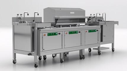 A modern stainless steel kitchen workstation equipped with grill and storage compartments, ideal for commercial cooking.