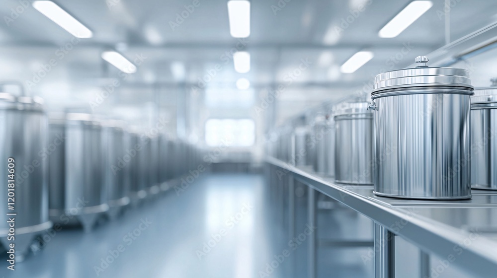 Poster a modern facility featuring rows of metallic containers on sleek tables, emphasizing cleanliness and
