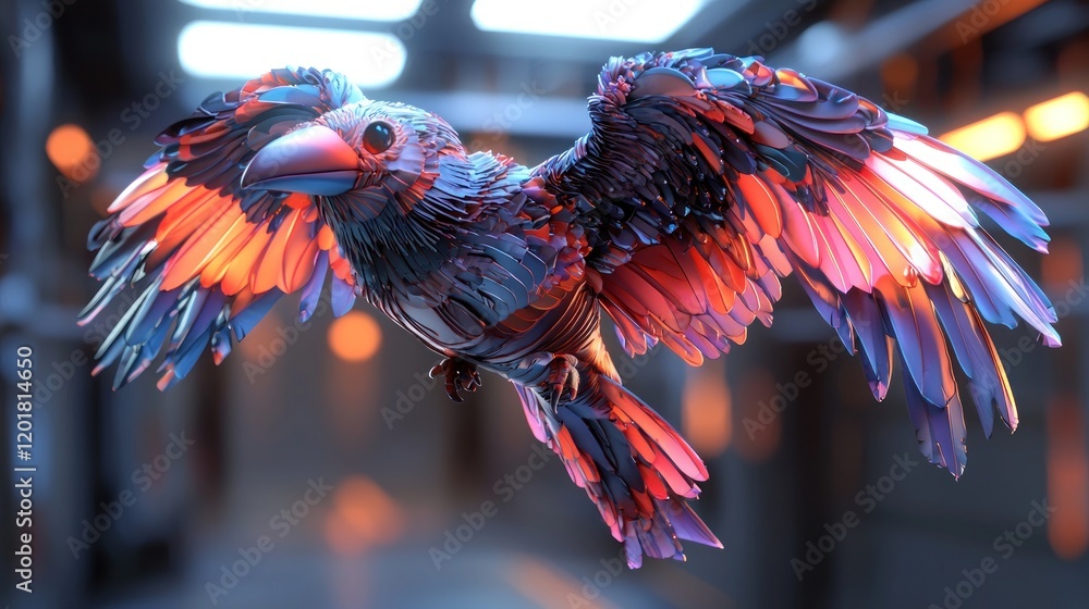 Poster mechanical bird in flight: a digital rendering of a futuristic avian machine
