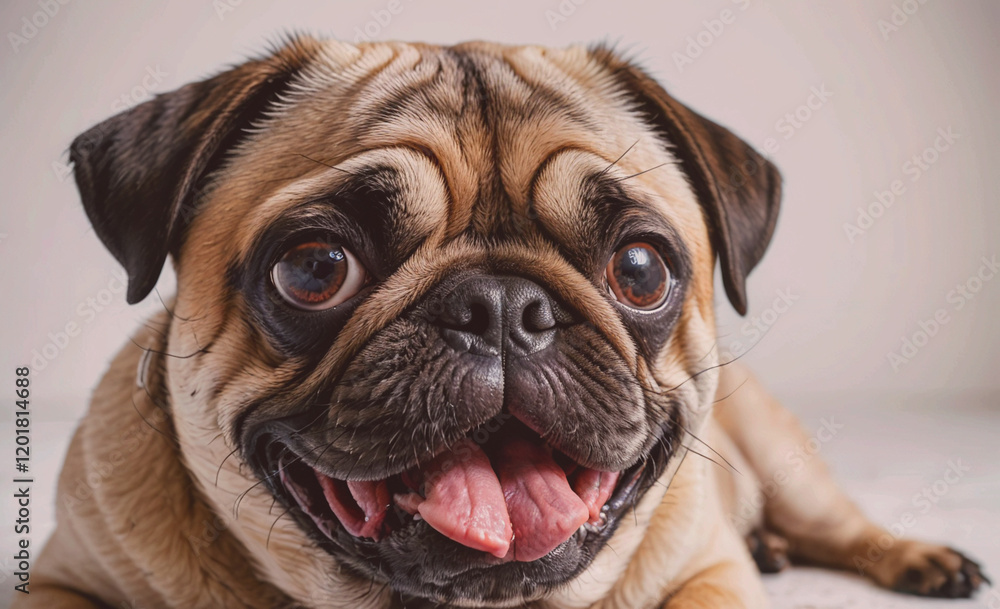 Poster a pug dog is laying on the ground with its tongue out and its mouth open. the dog has a big smile on