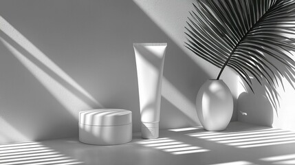 A minimalist arrangement featuring a skincare jar and tube against a backdrop of shadows, conveying elegance and beauty in product design.