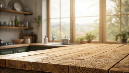 Rustic wooden kitchen table top with a blurred background of a bright and airy kitchen with a view of nature outside the window