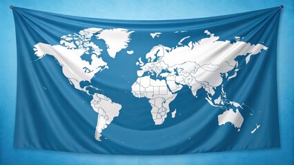 A world map displayed on a draped blue fabric banner, showing continents and country borders