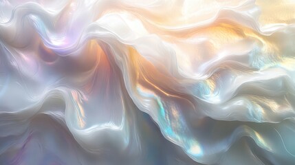 Obraz premium Delicate waves of iridescent pearlescence shimmer softly in bright white light, showcasing a mesmerizing blend of colors in an ethereal display