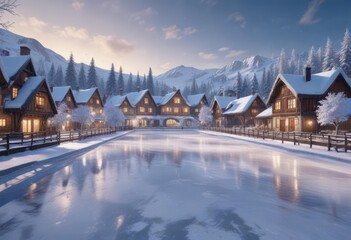 Fototapeta premium Classic Winter Scene with a Snowy Village and Ice Skating Rink, ice skating rink, classic winter scene, cozy winter scene