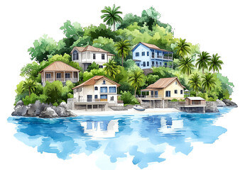 A painting of a tropical island with houses and a boat. The mood of the painting is peaceful and relaxing