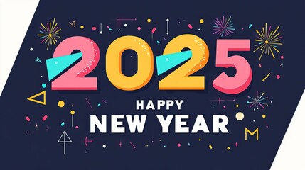 Fototapeta premium Vibrant “2025” Numerical Design with Geometric Shapes and Fireworks, Dark Blue and White Background, Ideal for New Year Celebrations
