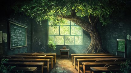 Obraz premium Classroom transformed by nature with a giant tree growing through the window creating a serene learning environment