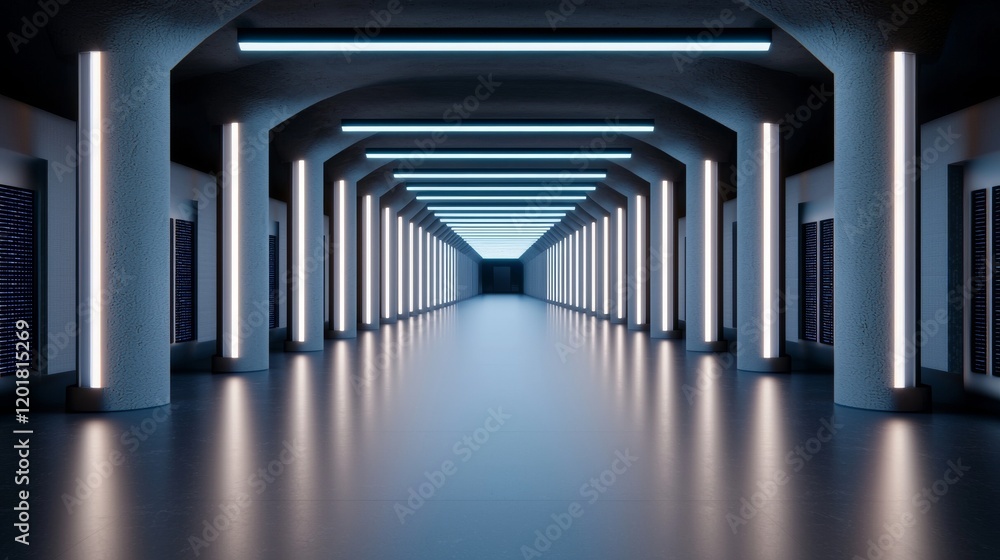 Poster futuristic data center corridor with high-tech lighting and sleek modern architecture