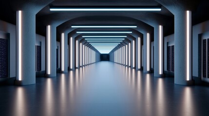 Futuristic Data Center Corridor with High-Tech Lighting and Sleek Modern Architecture