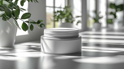 A minimalist skincare cream jar displayed on a windowsill surrounded by greenery, reflecting a serene beauty aesthetic. Ideal for showcasing cosmetic products.