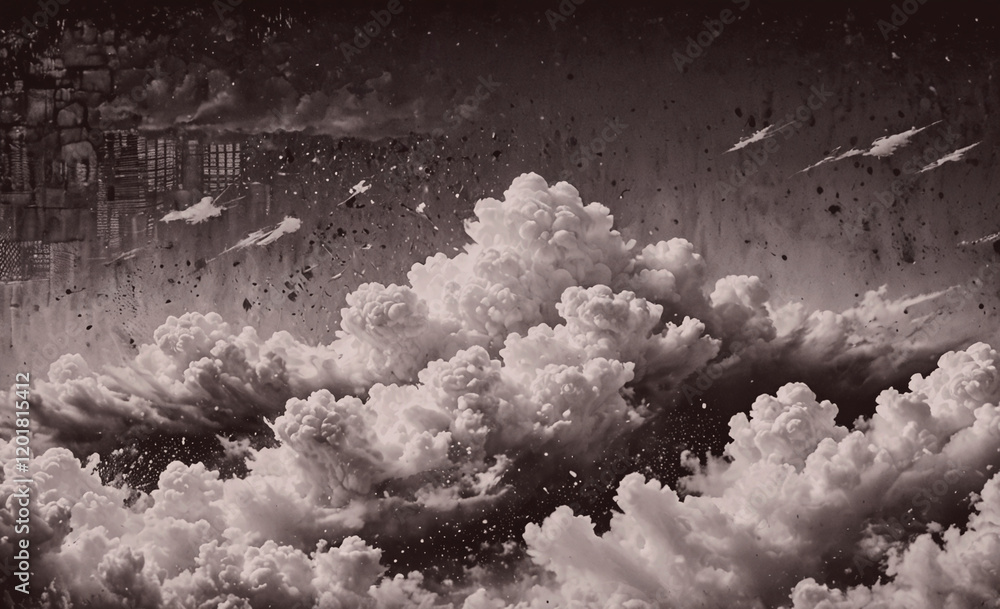 Poster a black and white photo of a cloudy sky with a city in the background. the clouds are dark and omino