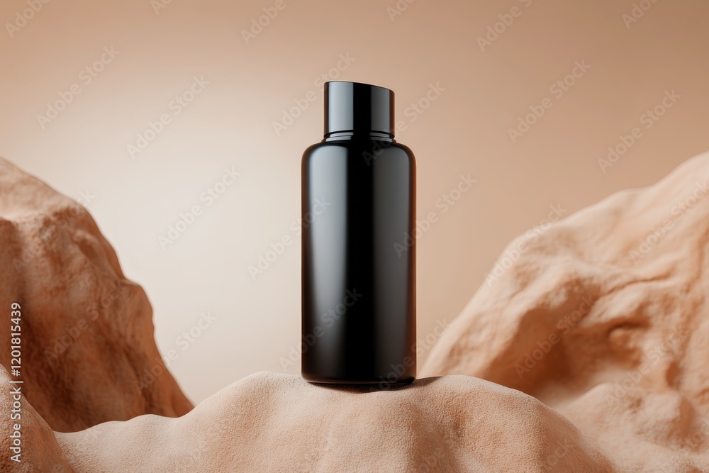 Poster simple black bottle positioned on textured beige rocks with soft lighting in a minimalistic setting